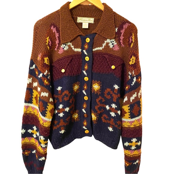 Hunters Run Sweaters - Vintage chunky multi color pattern collared cardigan Medium